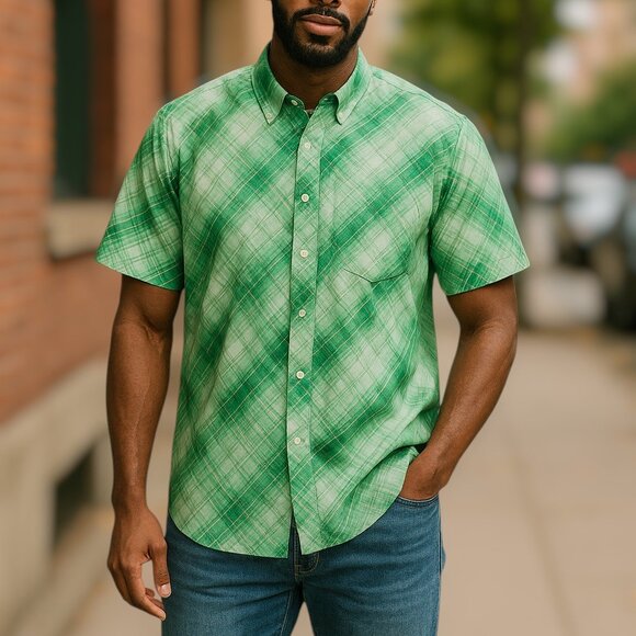 3 for/ $30 Tommy Hilfiger Short Sleeve Plaid Pattern Green Blue Shirt Size 2XL - Picture 1 of 12